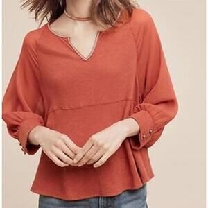 AKEMI + KIN from Anthropologie Rust Baby V-Neck Boho Blouse - Size - XS